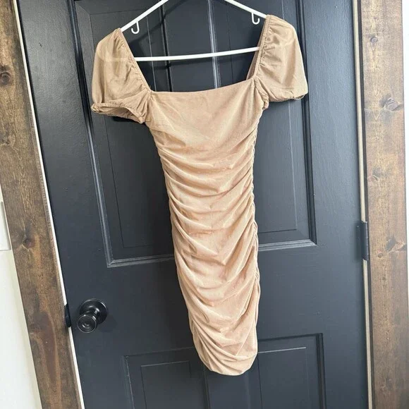 Princess Polly Nude tan Charvi Cap Sleeve Ruched Minidress Size 0 - Picture 7 of 10